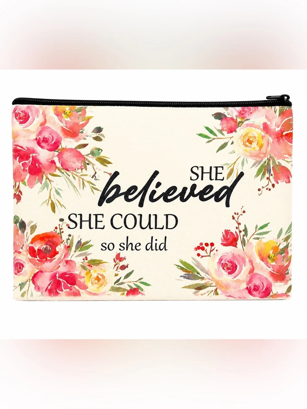 Floral Canvas Zipper Pouch - Cream with Pink Floral Print
